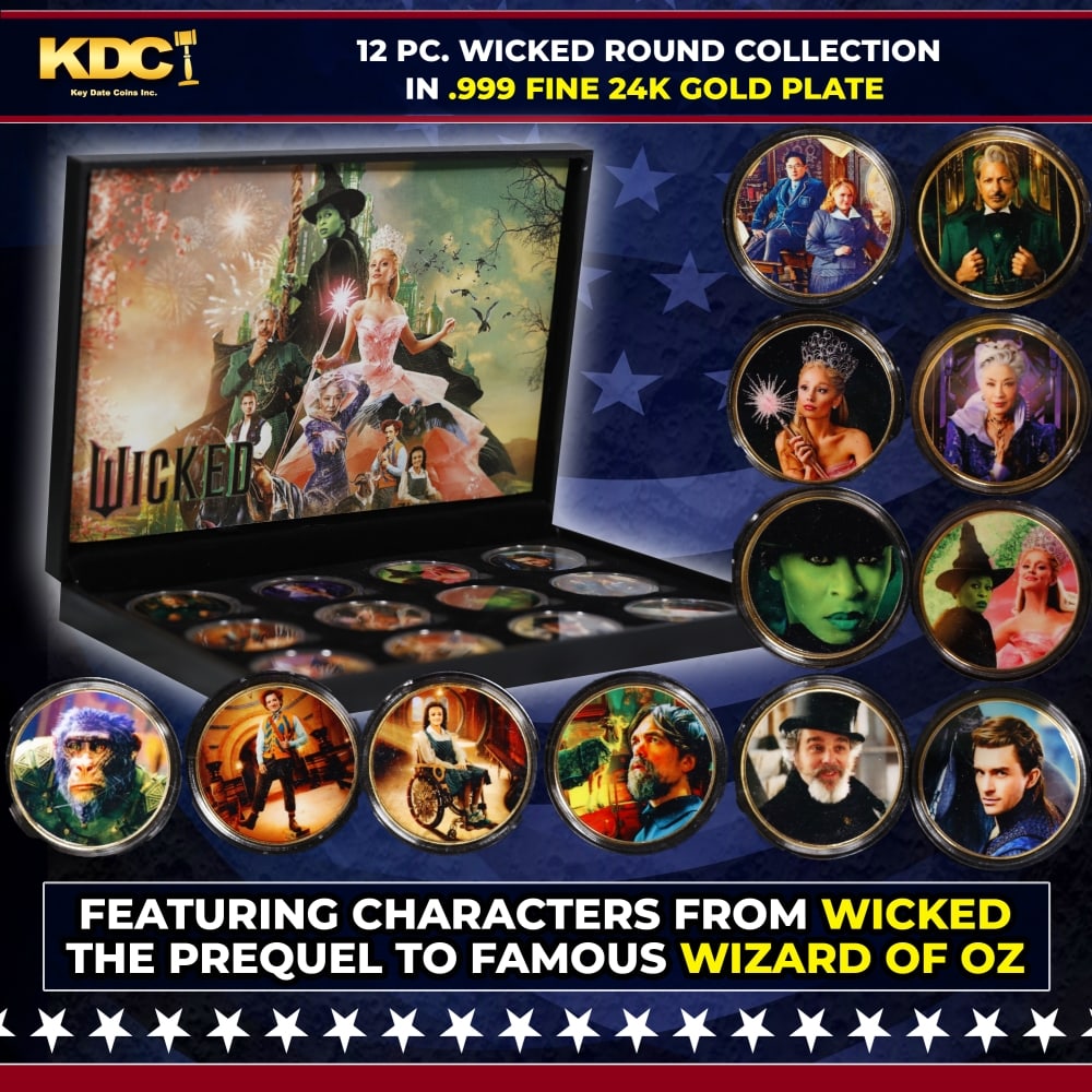 12 Coin Wicked Wizard of Oz Gold Plated Round Collection In Custom Box W/ Special Backer card: 12 Coin Wicked Wizard of Oz Gold Plated Round Collection In Custom Box W/ Special Backer card. Please Note All Backer Cards may have slight differences but will be very similar if not identical to