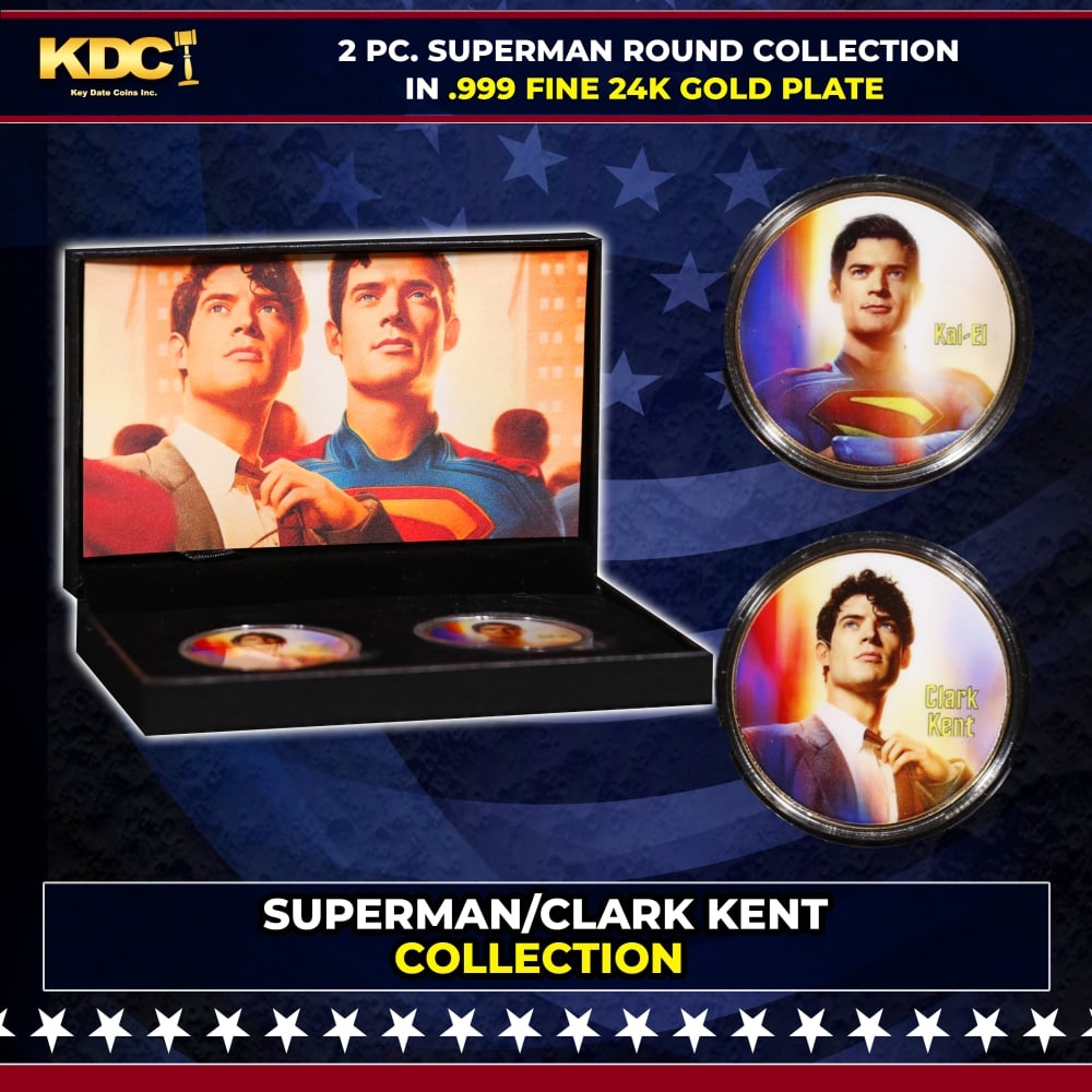 2 Coin Clark Kent/Superman, James Gunn Gold Plated Round Collection In Custom Box W/ Special Backer: 2 Coin Clark Kent/Superman, James Gunn Gold Plated Round Collection In Custom Box W/ Special Backer card. Please Note All Backer Cards may have slight differences but will be very similar if not