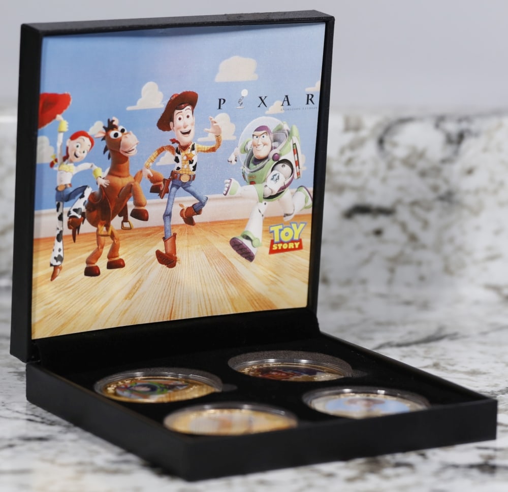 4 Coin Toy Story 2 Gold Plated Round Collection In Custom Box W/ Special Backer card: 4 Coin Toy Story 2 Gold Plated Round Collection In Custom Box W/ Special Backer card. Please Note All Backer Cards may have slight differences but will be very similar if not identical to the one in