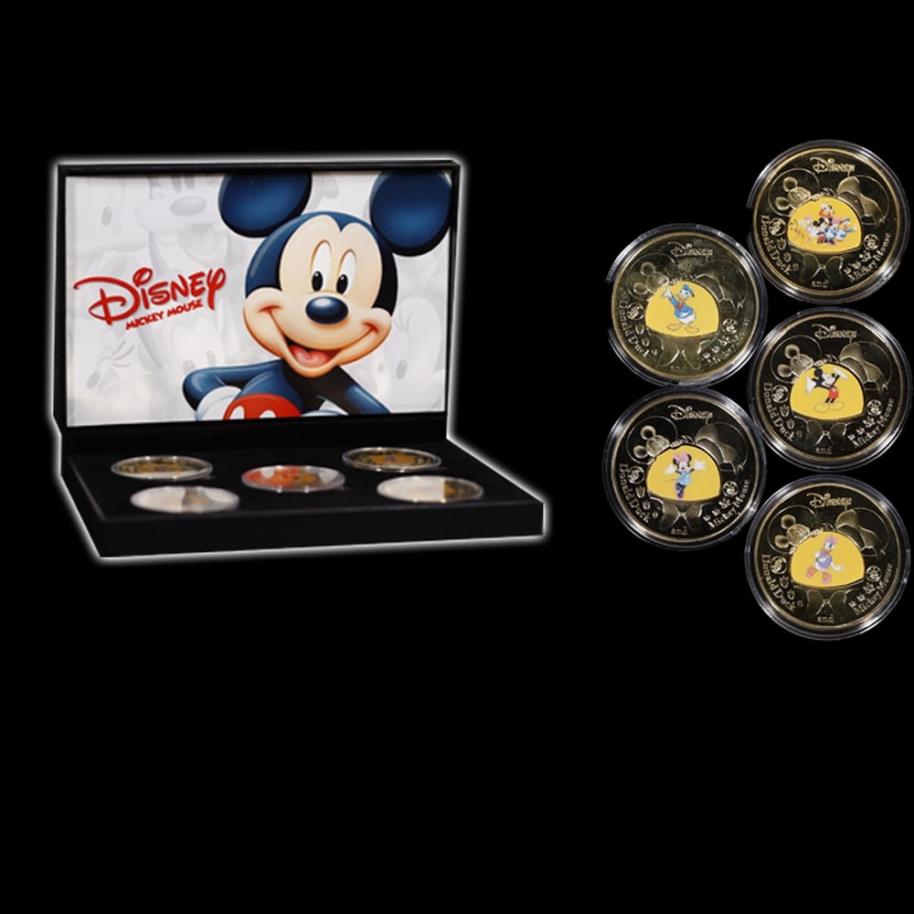 5 PC. Mickey Mouse & Friends Gold Plated Round Collection In Custom Box W/ Special Backer card - 4
