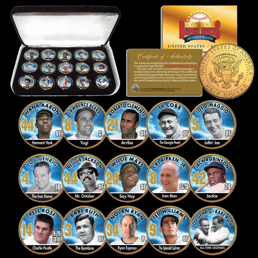 15 Coin Baseball Legends 24K Gold Plated JFK Half Dollars Set w/ Box Other Toy - 2