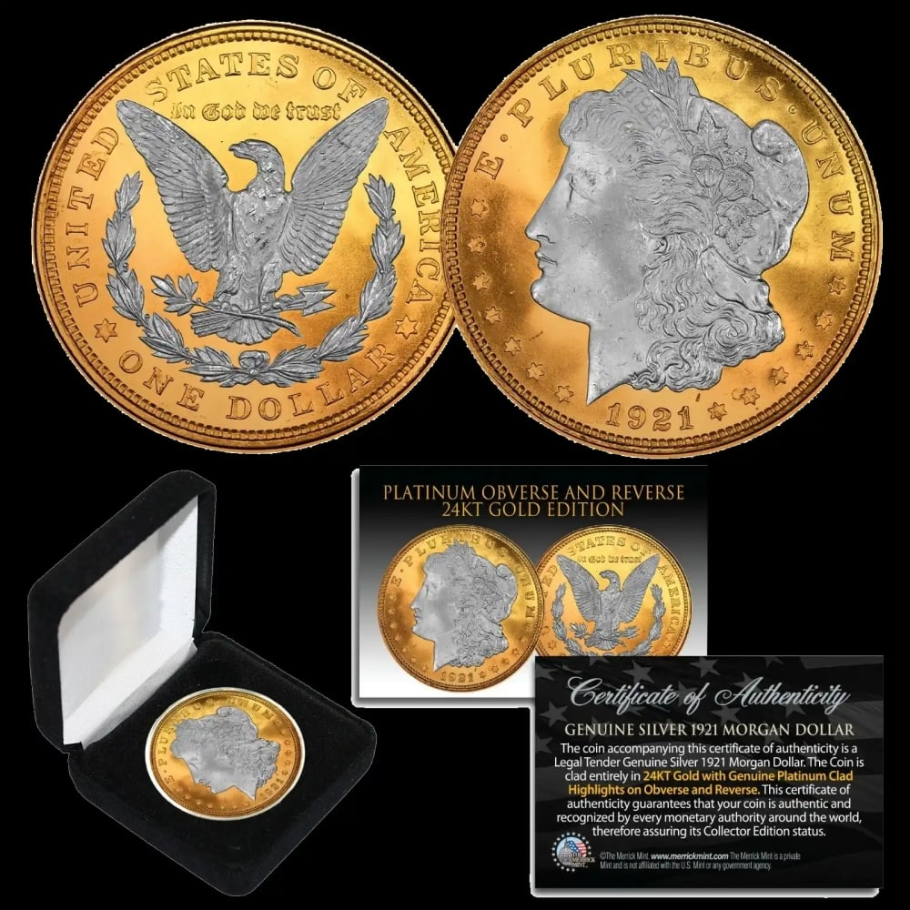 1921 Genuine AU Morgan 24KT Gold Clad & Platinum Highlights w/ Box Other Toy - 2