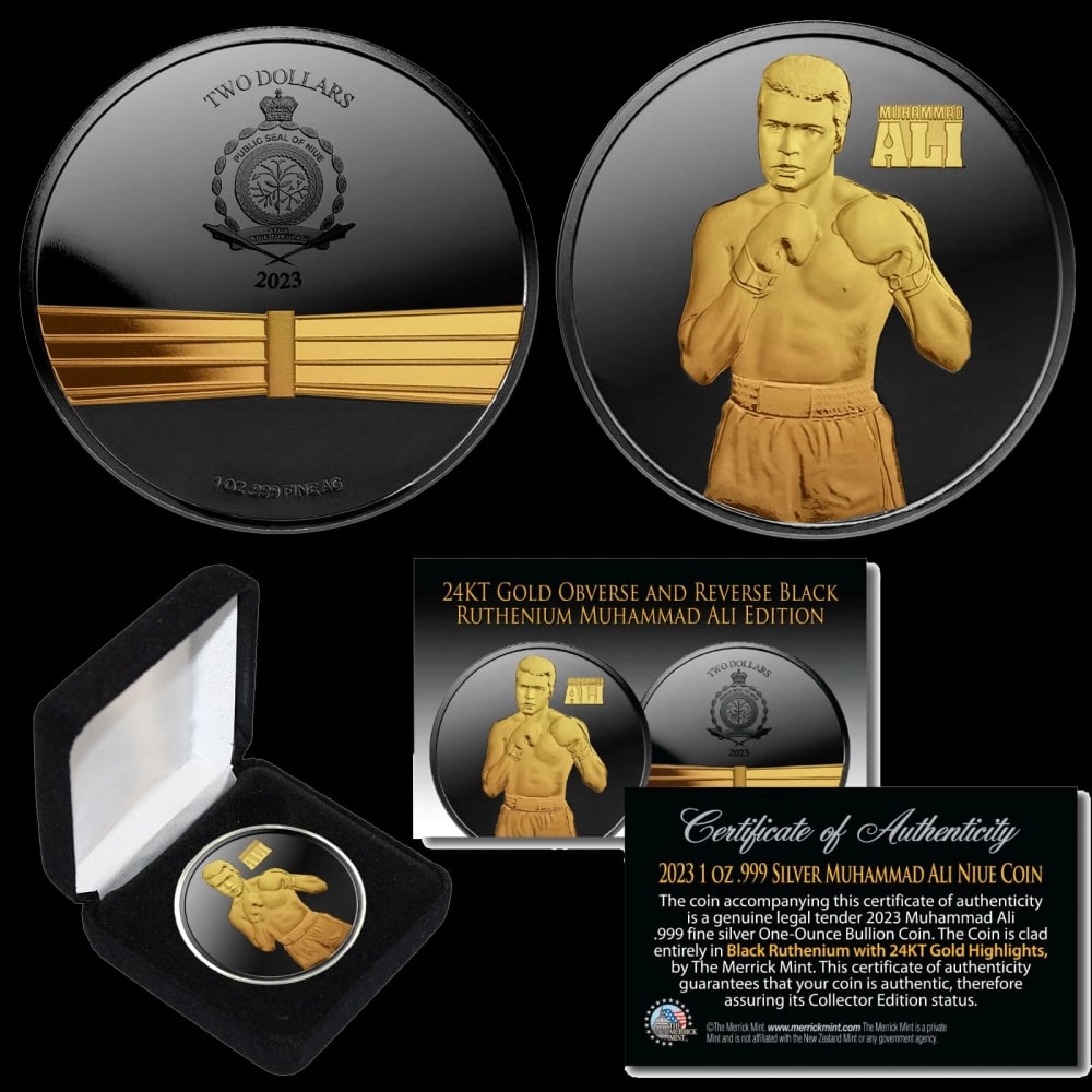 2023 Muhammad Ali Black Ruthenium & 24K Gold Plated 1oz Pure Silver New Zealand Niue $2 Other Toy - 2