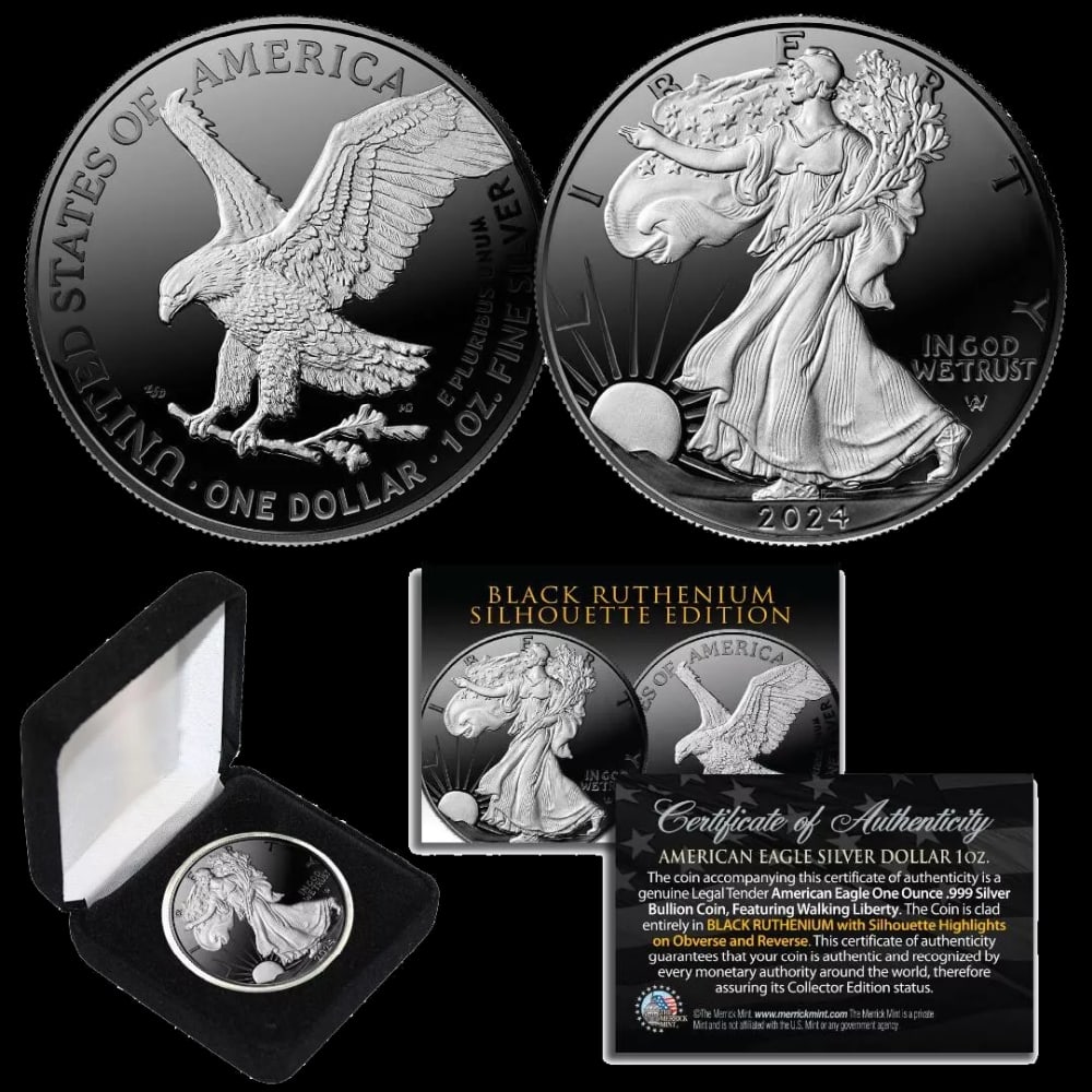 2024 Black Ruthenium Gilded Silhouette 1oz American Silver Eagle Coin, BU Coin w/ Box & COA Other... - 2