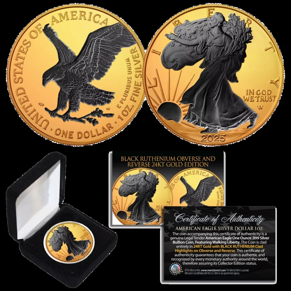 2025 24K Gold & Black Ruthenium Gilded 1oz American Silver Eagle Coin, BU Coin w/ Box & COA Other... - 2
