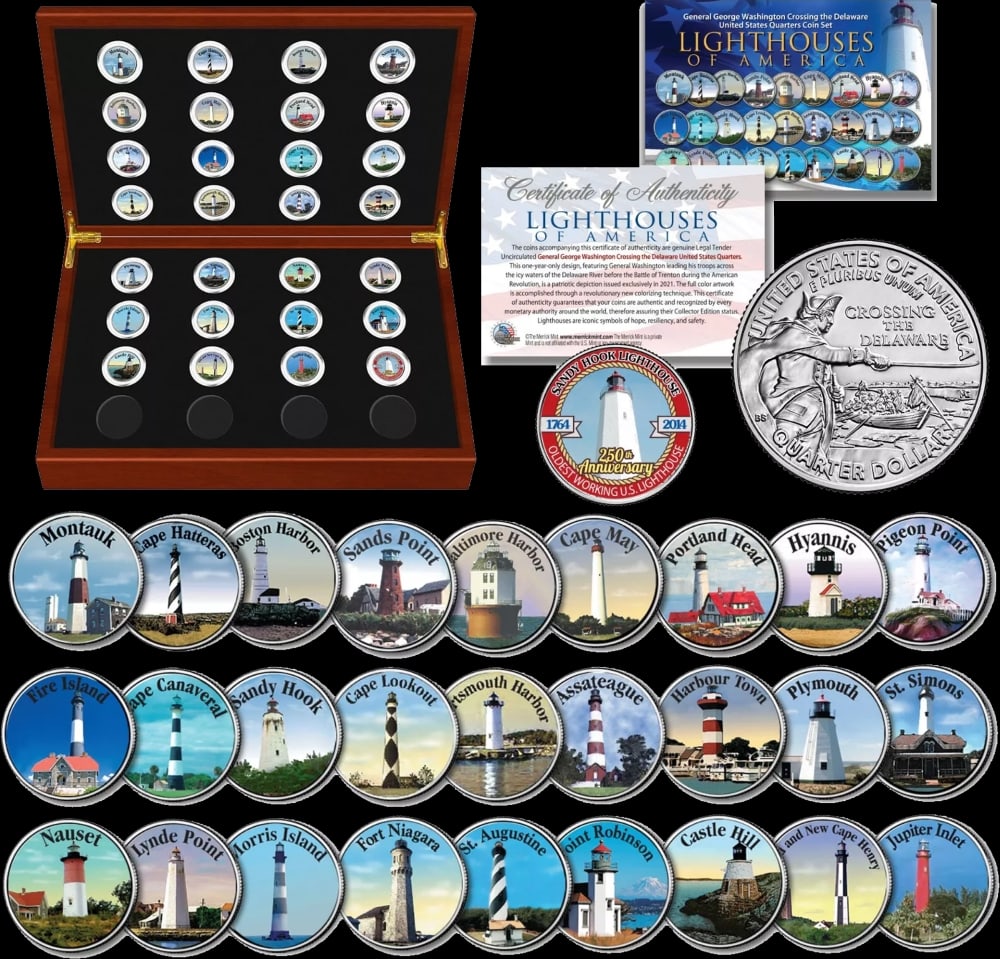 28 Pc Set Historic American Lighthouses Colorized Washington Crossing Delaware Quarters w/ BOX Ot... - 2