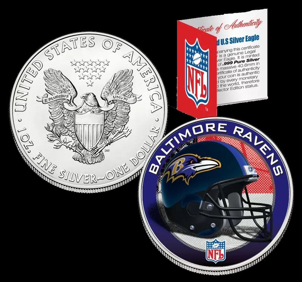 Baltimore Ravens Official NFL Team Colorized 1oz Silver Eagle $1 w/ COA Other Toy - 2