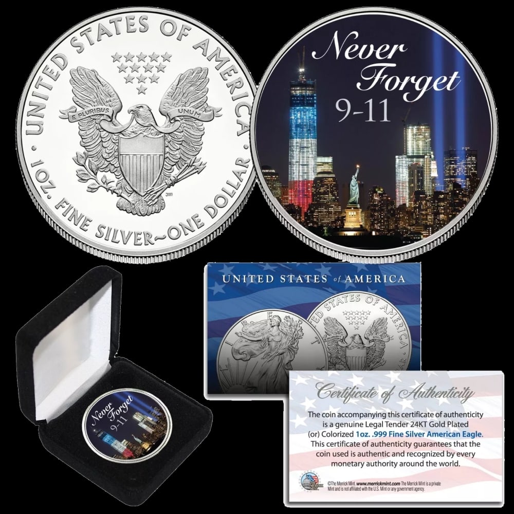 Colorized 9/11 Never Forget WTC Commem 1oz Silver Eagle $1 Coin in Deluxe Box Other Toy - 2