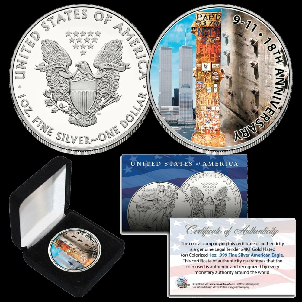 Colorized 9/11 WTC 18th Anniversary Commem 1oz Silver Eagle $1 Coin in Deluxe Box Other Toy - 2