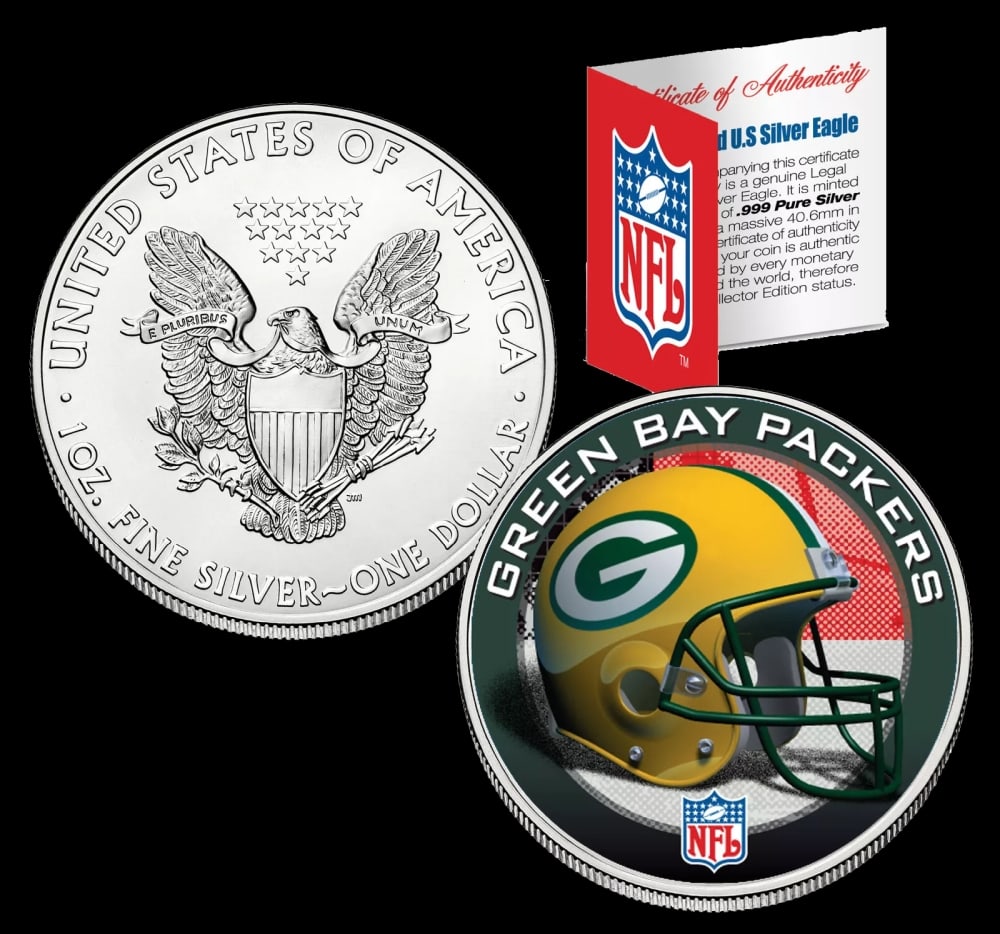 Green Bay Packers Official NFL Team Colorized 1oz Silver Eagle $1 w/ COA Other Toy - 2