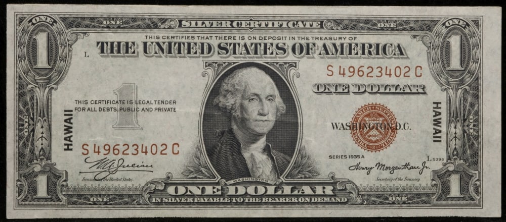 1935A $1 Silver Certificate Hawaii WWII Emergency Currency Grades Choice AU - 2