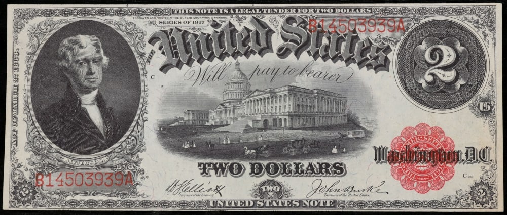 1917 $2 Large Size Legal Tender Note Thomas Jefferson Grades Select AU Signatures Elliott/Burke - 2