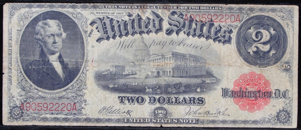 1917 $2 Large Size Legal Tender Note Thomas Jefferson Grades vf+ Signatures Elliott/Burke - 2