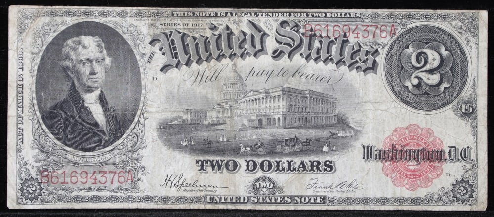 1917 $2 Large Size Legal Tender Note Thomas Jefferson Grades vf++ Signatures Speelman/White - 2