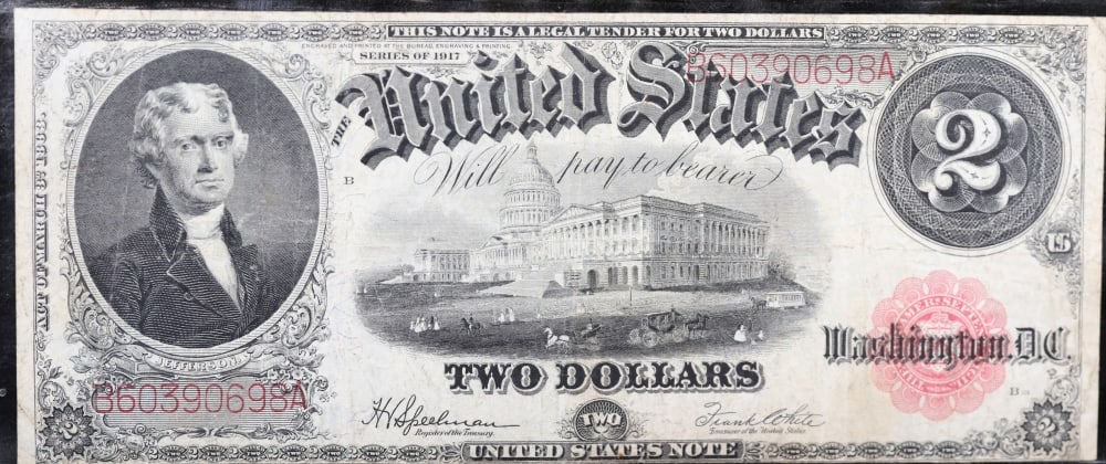 1917 $2 Large Size Legal Tender Note Thomas Jefferson Grades xf Signatures Speelman/White - 2