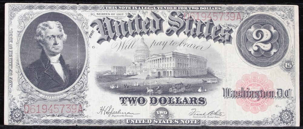 1917 $2 Large Size Legal Tender Note Thomas Jefferson Grades xf Signatures Speelman/White - 2