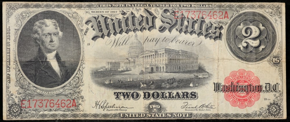 1917 $2 Large Size Legal Tender Note Thomas Jefferson Grades xf Signatures Speelman/White - 2