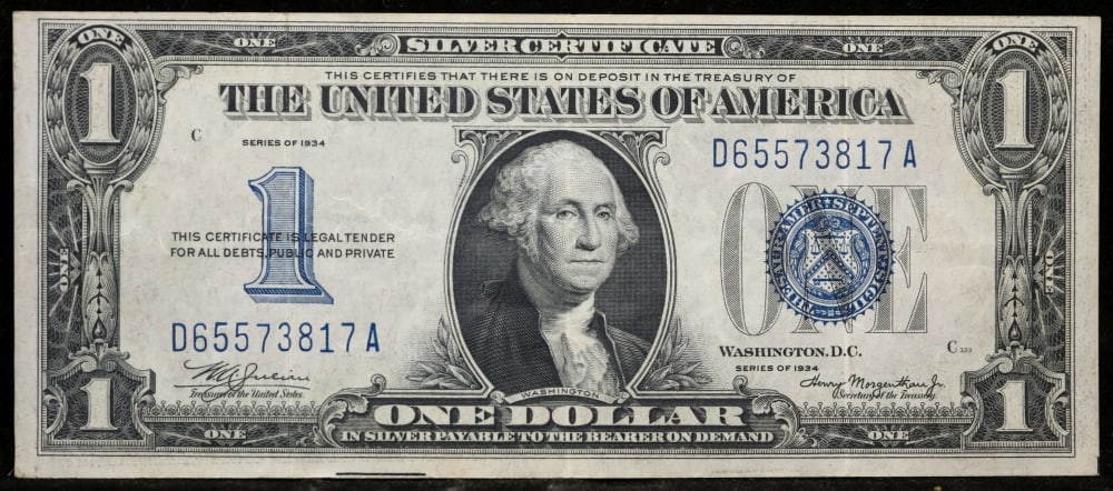 1934 $1 Blue Seal Silver Certificate "Funnyback" Grades xf - 2