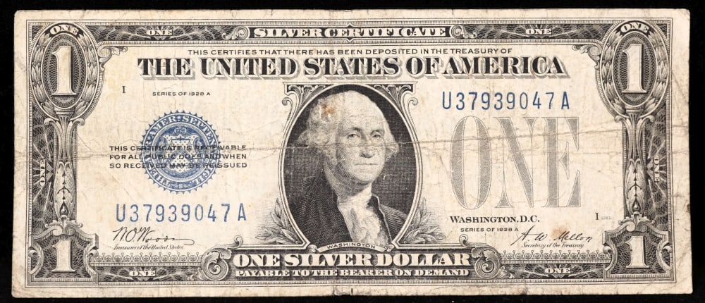 1928A $1 Blue Seal Silver Certificate "Funnyback" Grades vf+ - 2