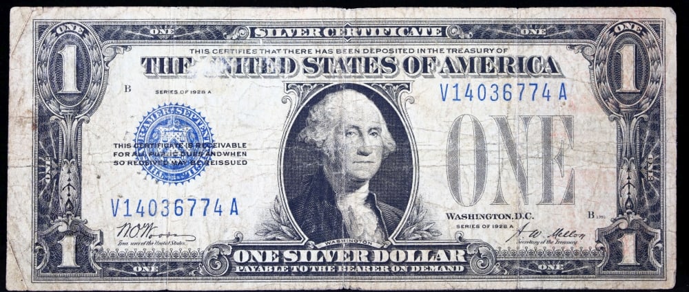 1928A $1 Blue Seal Silver Certificate "Funnyback" Grades vf+ - 2