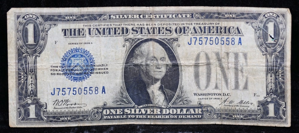 1928A $1 Blue Seal Silver Certificate "Funnyback" Grades vf+ - 2
