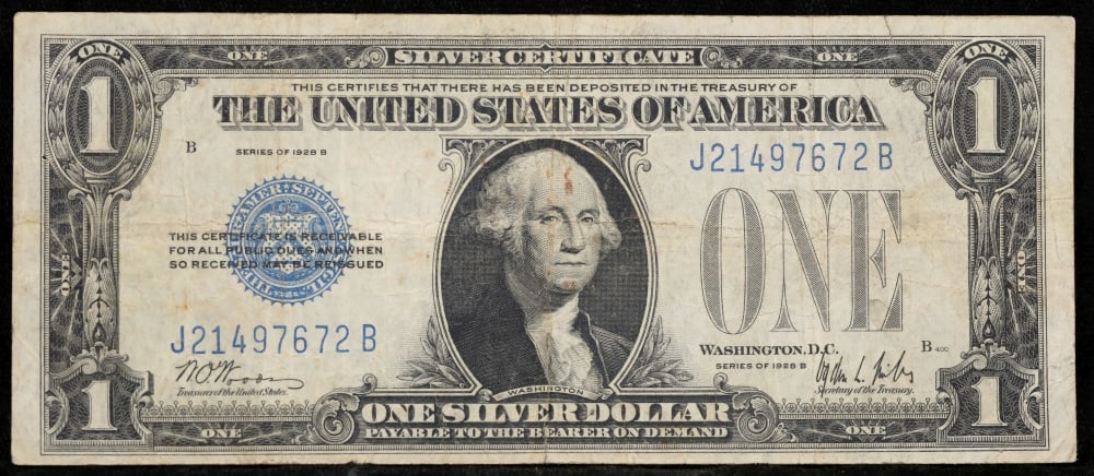 1928B $1 Blue Seal Silver Certificate "Funnyback" Grades vf+ - 2