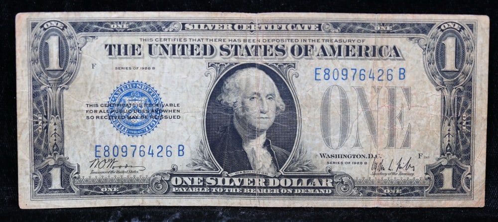 1928B $1 Blue Seal Silver Certificate "Funnyback" Grades vf+ - 2