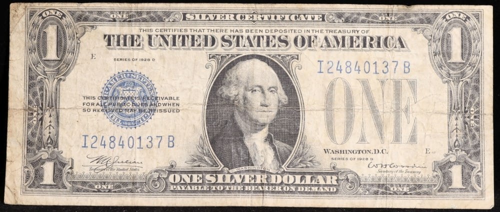 1928D $1 Blue Seal Silver Certificate "Funnyback" Key To Series Grades vf+ - 2