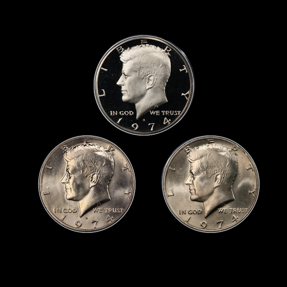 Complete 3 PC. 1974 Kennedy Half Dollar 50c set In Custom Box W/ Special Backer Card BU & Proof C... - 2