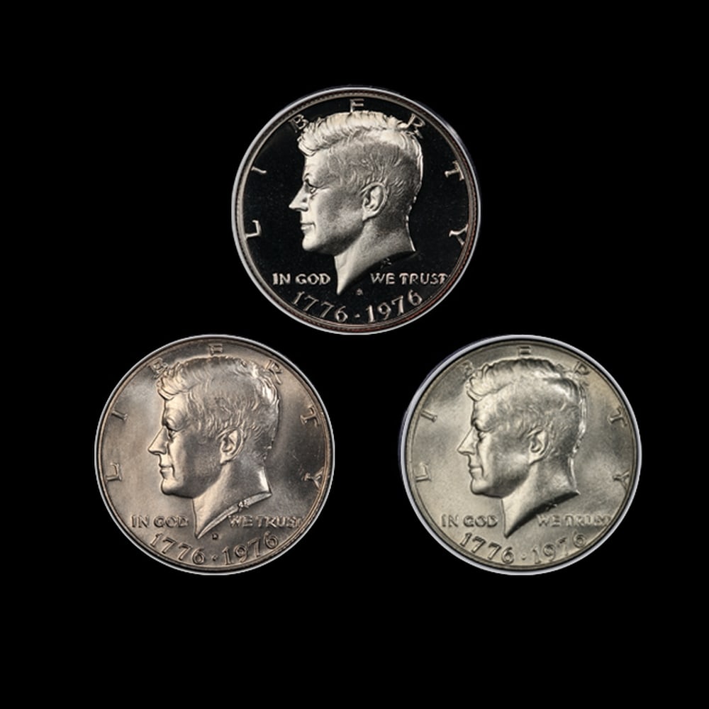 Complete 3 PC. 1976 Bicentennial Kennedy Half Dollar 50c set In Custom Box W/ Special Backer Card... - 2