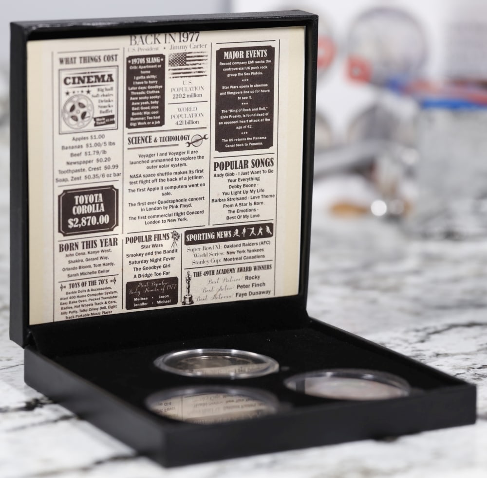 Complete 3 PC. 1977 Kennedy Half Dollar 50c set In Custom Box W/ Special Backer Card BU & Proof C... - 3