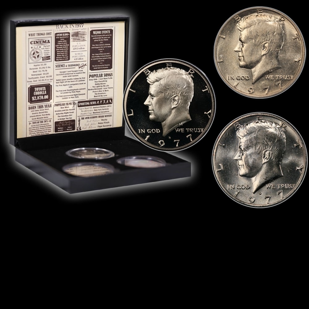 Complete 3 PC. 1977 Kennedy Half Dollar 50c set In Custom Box W/ Special Backer Card BU & Proof C... - 4