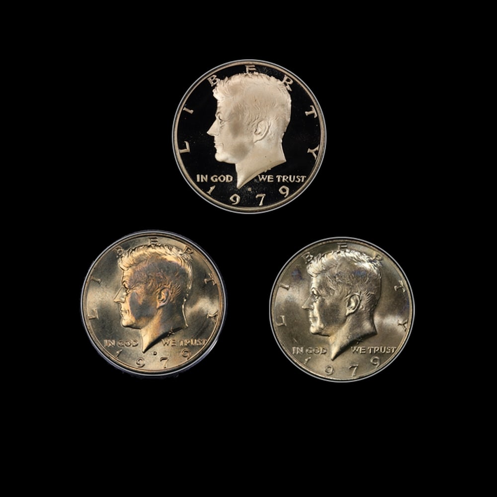 Complete 3 PC. 1979 Kennedy Half Dollar 50c set In Custom Box W/ Special Backer Card BU & Proof C... - 2