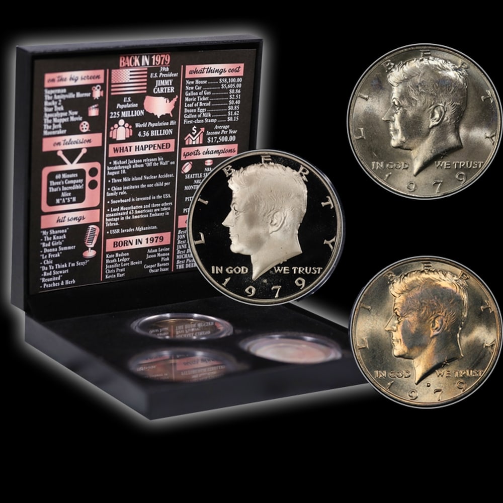 Complete 3 PC. 1979 Kennedy Half Dollar 50c set In Custom Box W/ Special Backer Card BU & Proof C... - 4