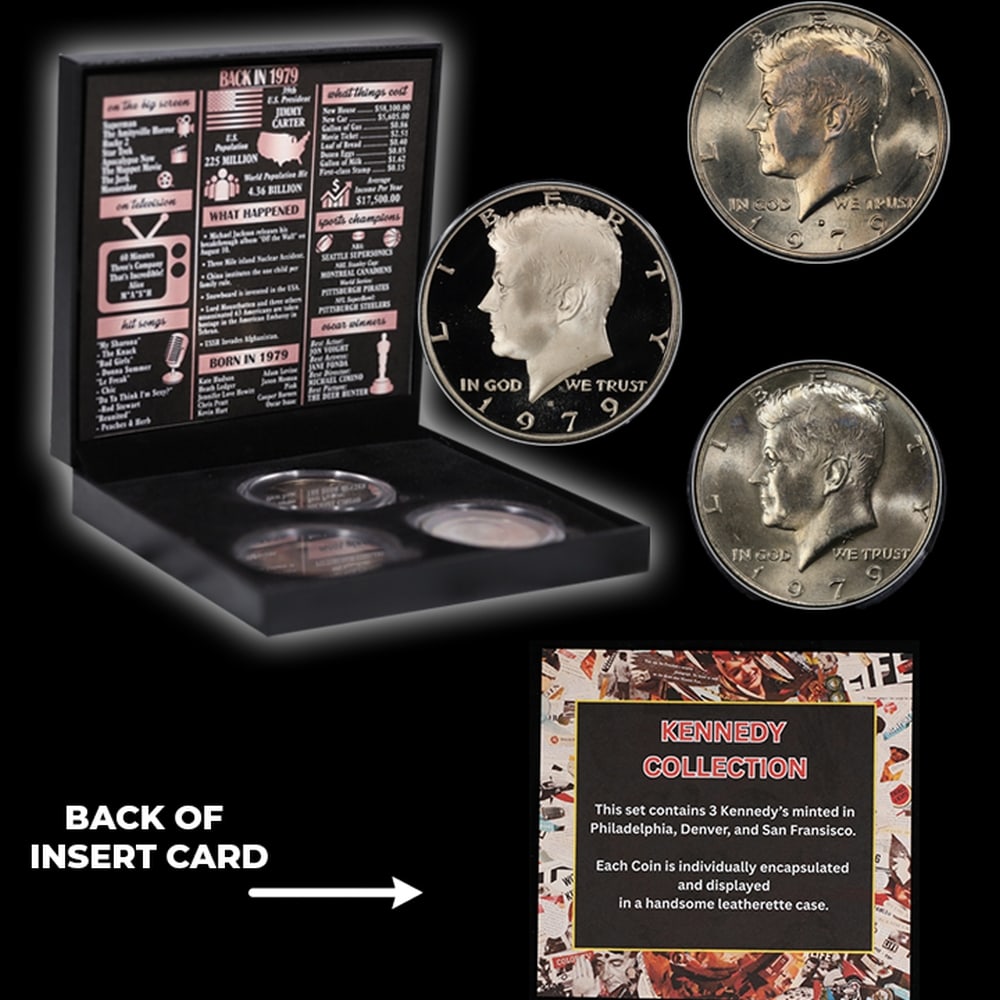 Complete 3 PC. 1979 Kennedy Half Dollar 50c set In Custom Box W/ Special Backer Card BU & Proof C... - 5