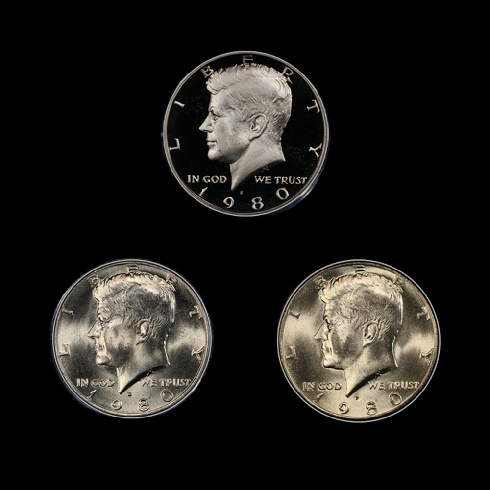 Complete 3 PC. 1980 Kennedy Half Dollar 50c set In Custom Box W/ Special Backer Card BU & Proof C... - 2