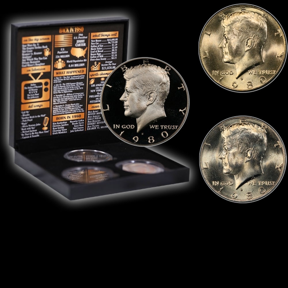 Complete 3 PC. 1980 Kennedy Half Dollar 50c set In Custom Box W/ Special Backer Card BU & Proof C... - 4