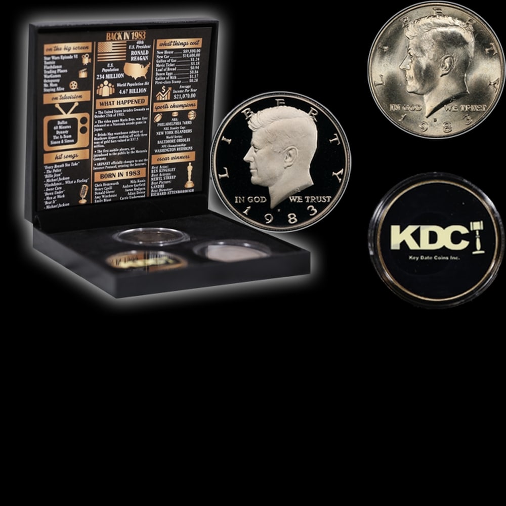 Complete 3 PC. 1983 Kennedy Half Dollar 50c set In Custom Box W/ Special Backer Card BU & Proof C... - 4