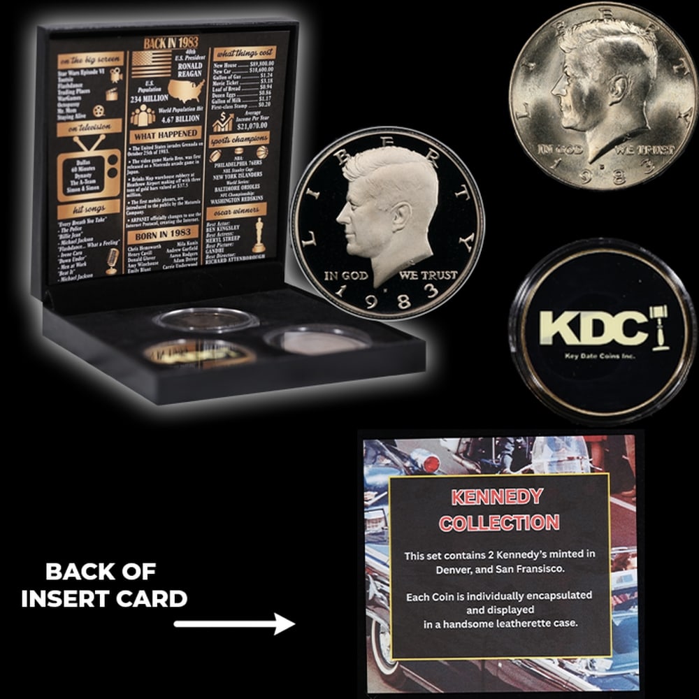 Complete 3 PC. 1983 Kennedy Half Dollar 50c set In Custom Box W/ Special Backer Card BU & Proof C... - 5