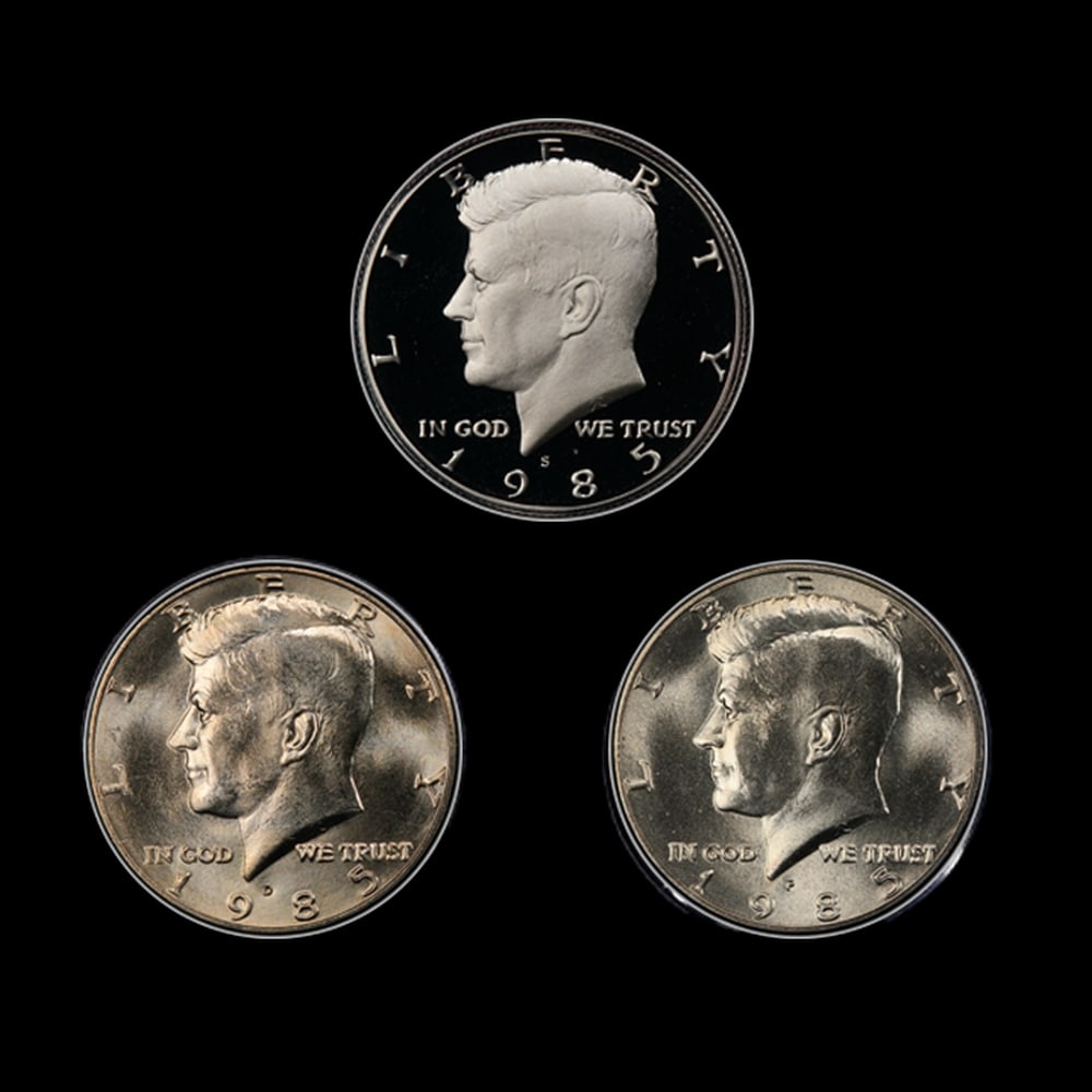 Complete 3 PC. 1985 Kennedy Half Dollar 50c set In Custom Box W/ Special Backer Card BU & Proof C... - 2