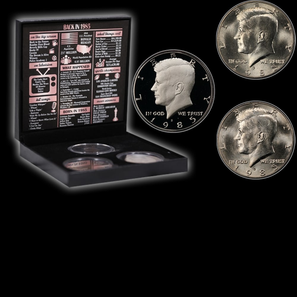 Complete 3 PC. 1985 Kennedy Half Dollar 50c set In Custom Box W/ Special Backer Card BU & Proof C... - 4