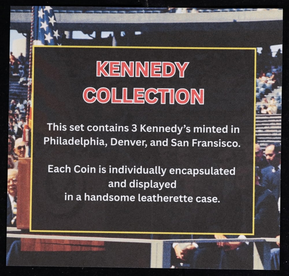 Complete 3 PC. 1985 Kennedy Half Dollar 50c set In Custom Box W/ Special Backer Card BU & Proof C... - 7