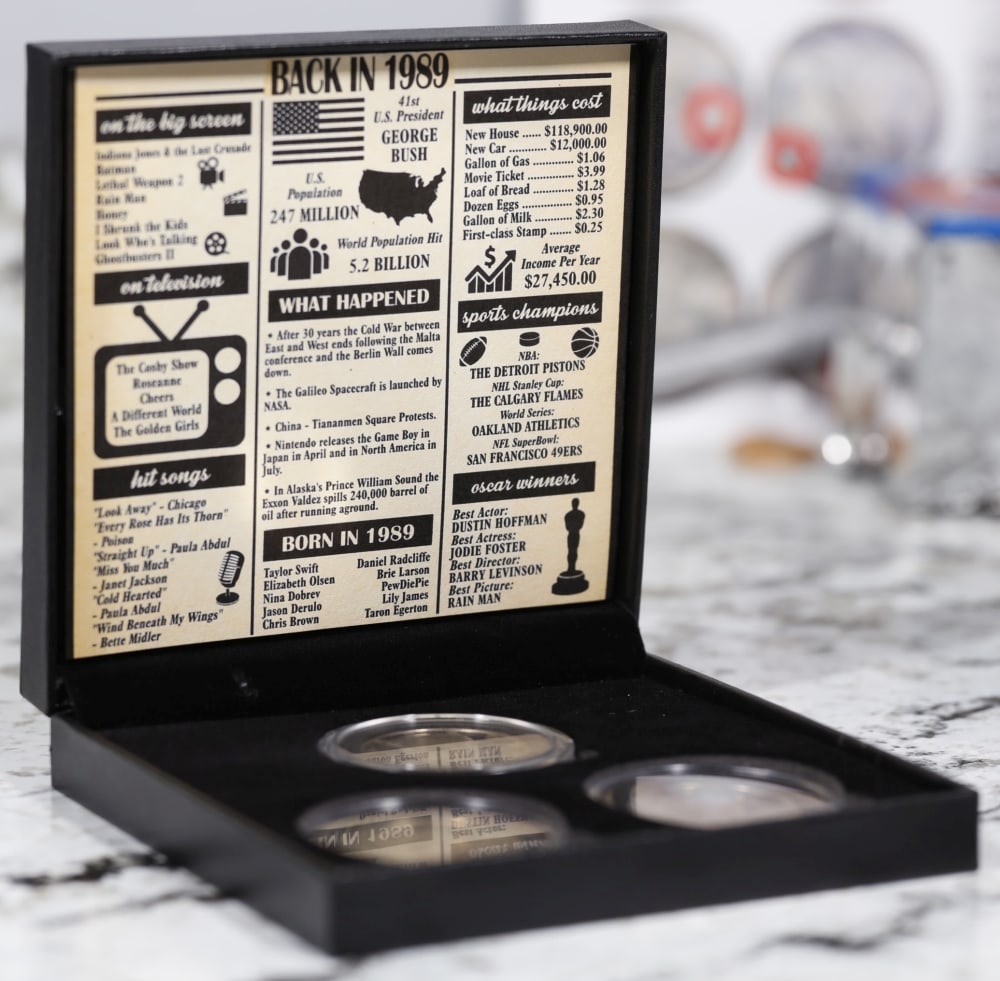 Complete 3 PC. 1989 Kennedy Half Dollar 50c set In Custom Box W/ Special Backer Card BU & Proof C... - 3