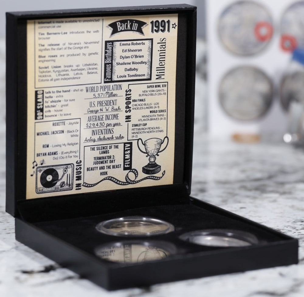Complete 3 PC. 1991 Kennedy Half Dollar 50c set In Custom Box W/ Special Backer Card BU & Proof C... - 3
