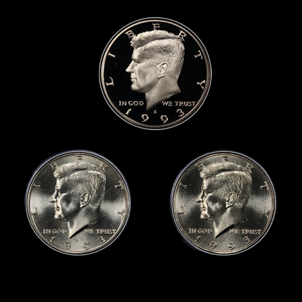 Complete 3 PC. 1993 Kennedy Half Dollar 50c set In Custom Box W/ Special Backer Card BU & Proof C... - 2