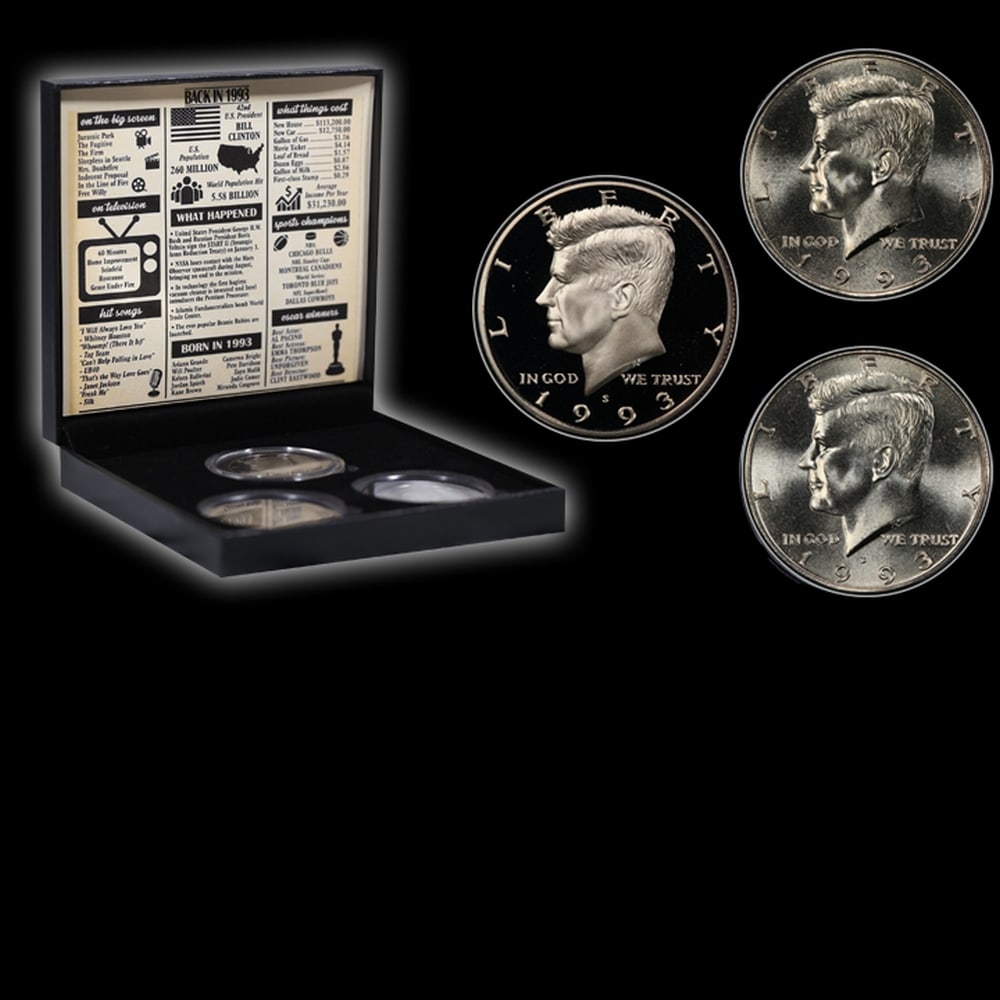Complete 3 PC. 1993 Kennedy Half Dollar 50c set In Custom Box W/ Special Backer Card BU & Proof C... - 4