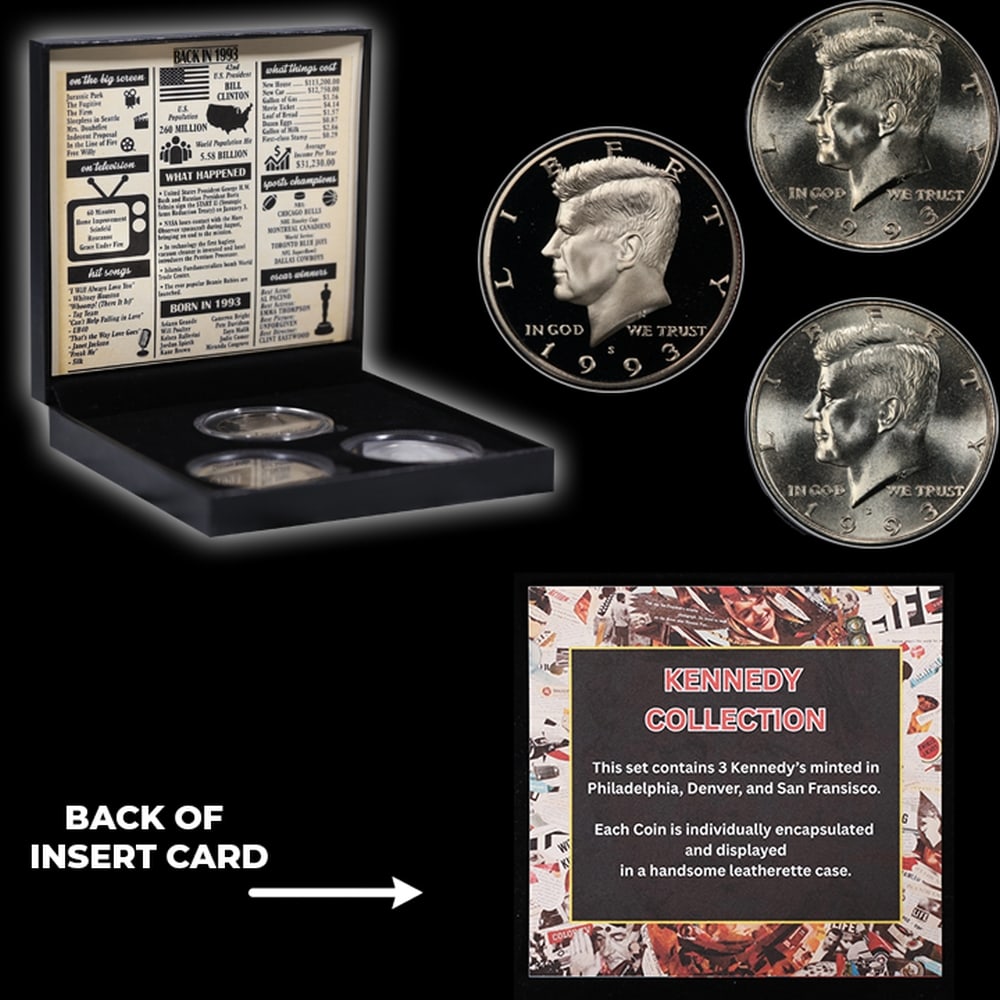 Complete 3 PC. 1993 Kennedy Half Dollar 50c set In Custom Box W/ Special Backer Card BU & Proof C... - 5