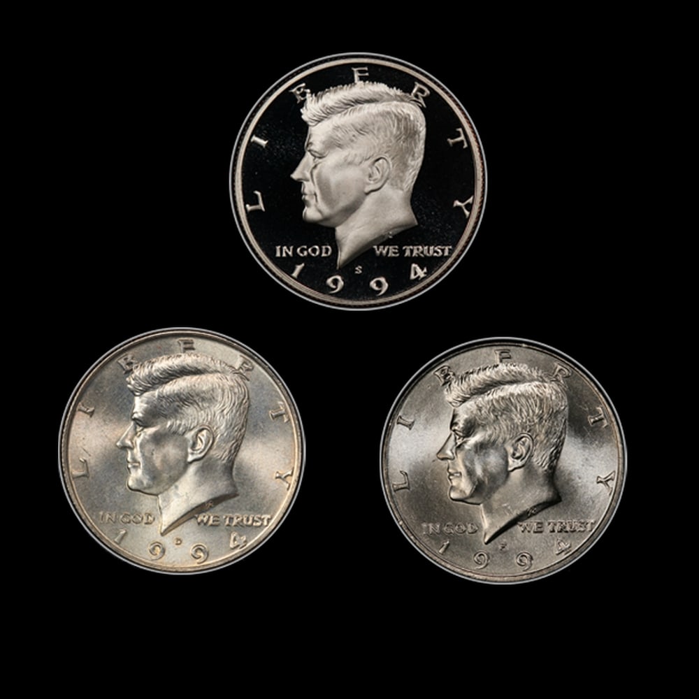 Complete 3 PC. 1994 Kennedy Half Dollar 50c set In Custom Box W/ Special Backer Card BU & Proof C... - 2