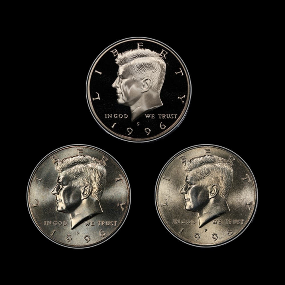 Complete 3 PC. 1996 Kennedy Half Dollar 50c set In Custom Box W/ Special Backer Card BU & Proof C... - 2
