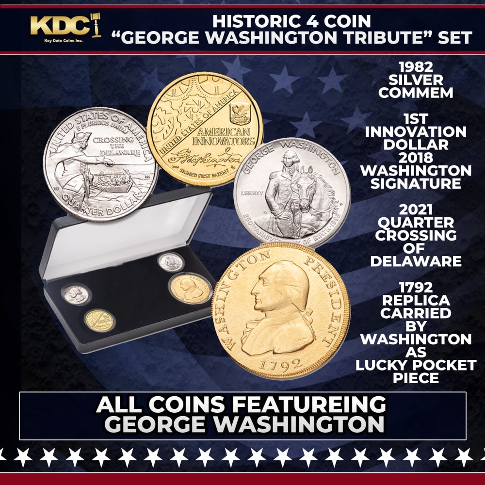 Historic 4 Coin "George Washington Tribute" Set: Historic 4 Coin "George Washington Tribute" Set. Ideal gift for fans of U.S. history or collectors of Washington memorabilia, this special four-coin set features: 1982 commemorative half dollar